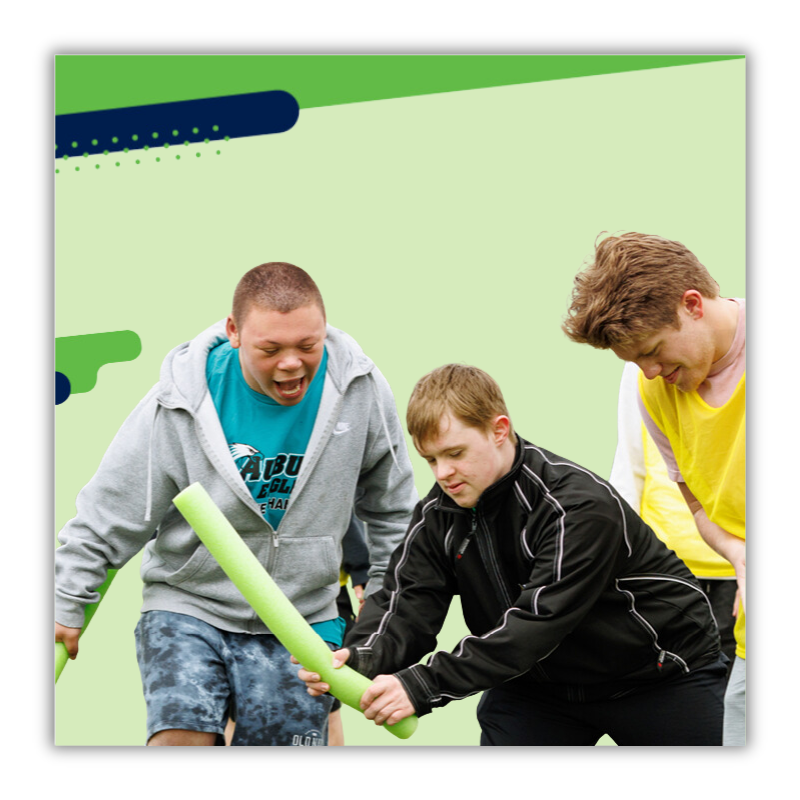 The image shows a green block with a group of students with all abilities moving and having fun. 