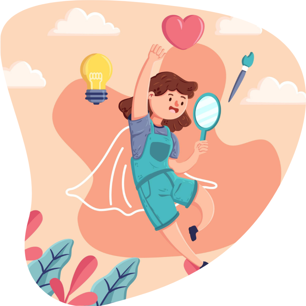 A girl holding a heart and magnifying glass soars through the air, embodying curiosity and joy.