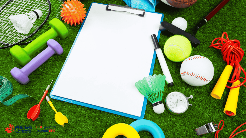 This image contains several tools that PE teachers can use, such as a clipboard, whistle, various balls and accessories for sports, pencils, stopwatch and measuring tape. The complete PE teacher's toolkit.