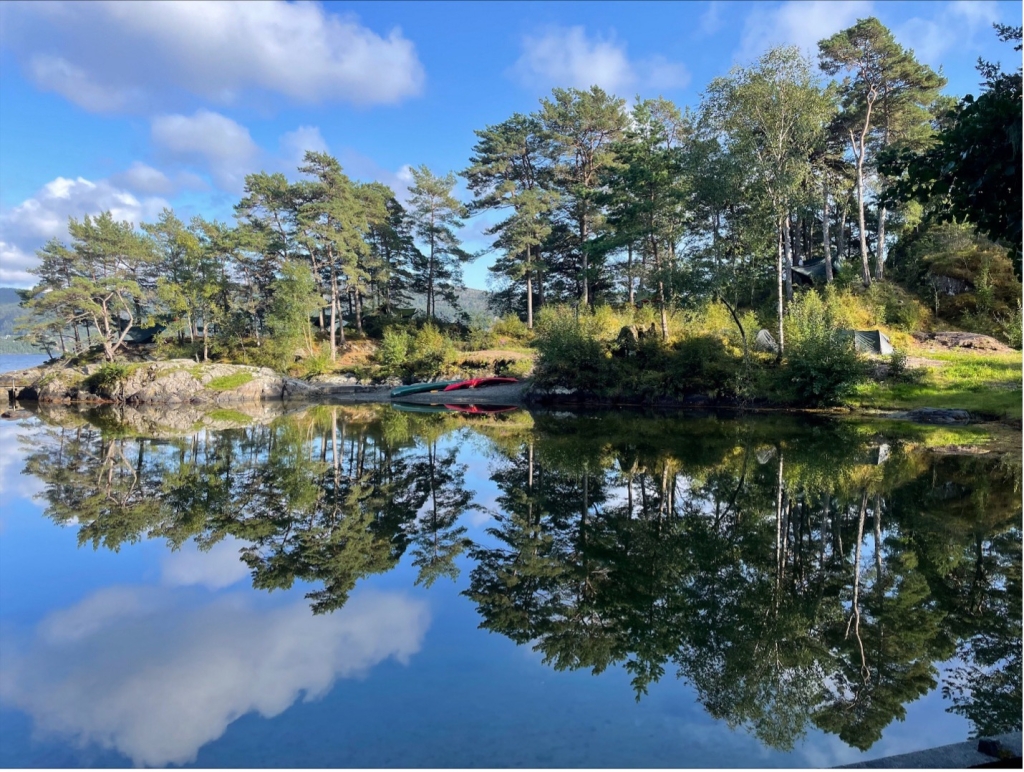 Un lac serein entouré d'arbres, avec un petit bateau flottant doucement au centre.