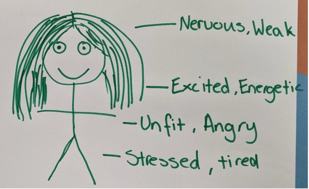 This figure is showing a drawing of a person with a long hair with texts point to them and the texts are "- nervous, weak", "excited, energetic", "-unfit, angry", and "-stressed, tired". /  Cette figure montre le dessin d'une personne aux cheveux longs avec des textes pointés vers elle. Les textes sont "- nerveuse, faible", "excitée, énergique", "- inapte, en colère", et "- stressée, fatiguée".