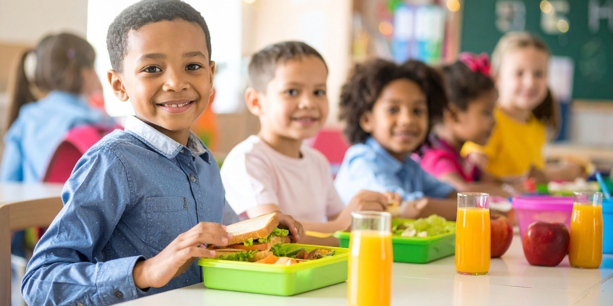 Un groupe d'enfants appréciant la nourriture à l'école.