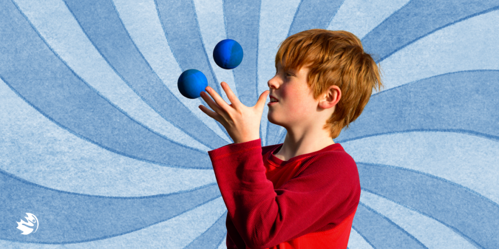 A young child juggles in a setting reminiscent of a circus.