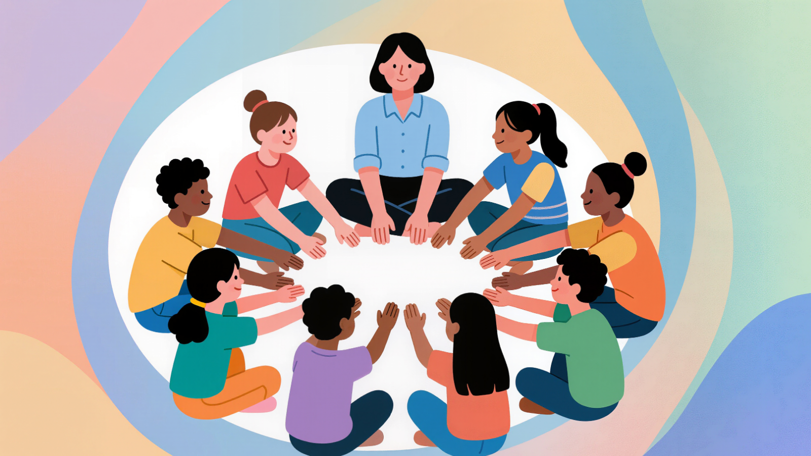 A group of children are sitting in a circle with a teacher and talking heart-to-heart. - Un groupe d'enfants est assis en cercle avec un enseignant et discute à cœur ouvert.