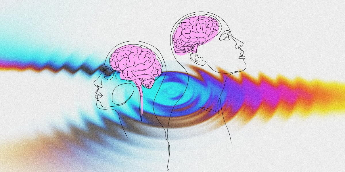 Dessin abstrait représentant deux profils de têtes contenant des cerveaux roses. Les têtes sont tournées dans des directions opposées, l'une vers la gauche et l'autre vers la droite. L'arrière-plan présente un effet ondulé coloré.