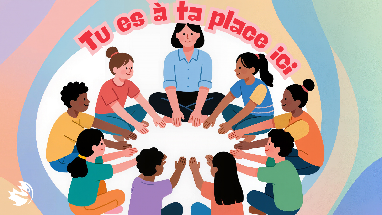 Un groupe d'enfants est assis en cercle avec un enseignant et discute à cœur ouvert.
