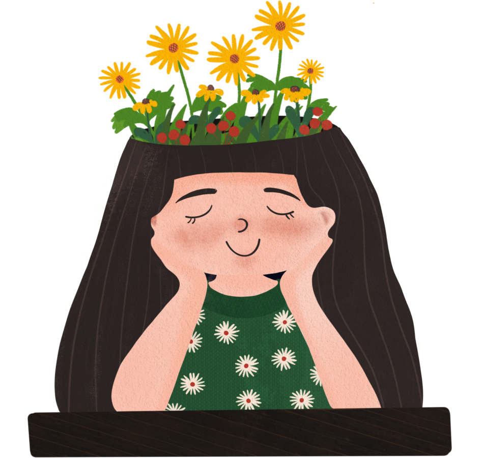 Illustration d'une jeune fille avec une couronne de fleurs colorées ornant sa tête, souriant doucement.