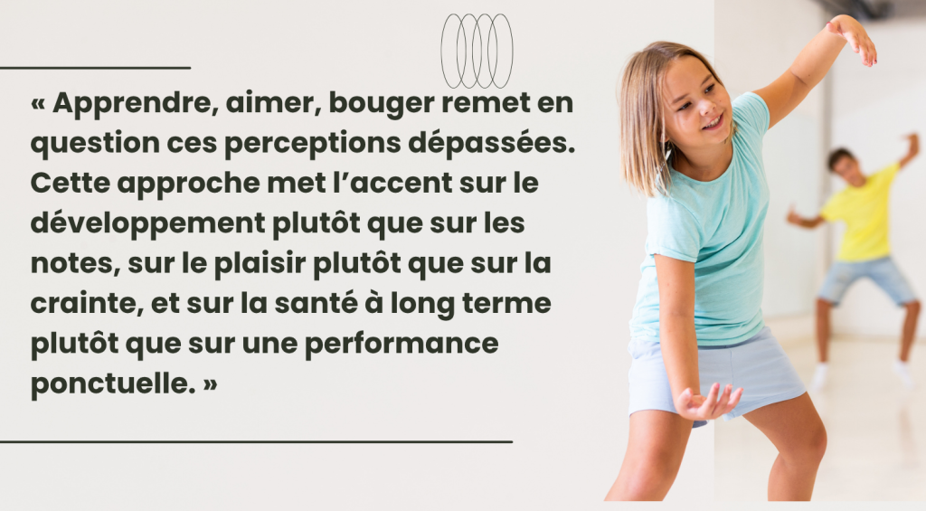 À droite de l'image, un jeune vêtu d'un t-shirt et d'un short bleu clair pose les bras tendus. À gauche, on peut lire : « “Apprendre, aimer, bouger” va à l'encontre de ces discours dépassés. Ce slogan met l'accent sur le développement personnel plutôt que sur les notes, sur le plaisir plutôt que sur la peur, et sur une bonne santé tout au long de la vie plutôt que sur une performance ponctuelle. »
