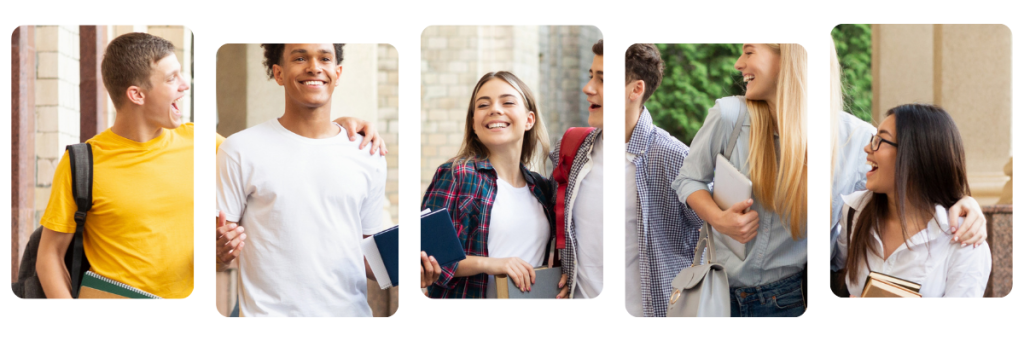 The photo is showing a group of students walking and laughing in a university campus.