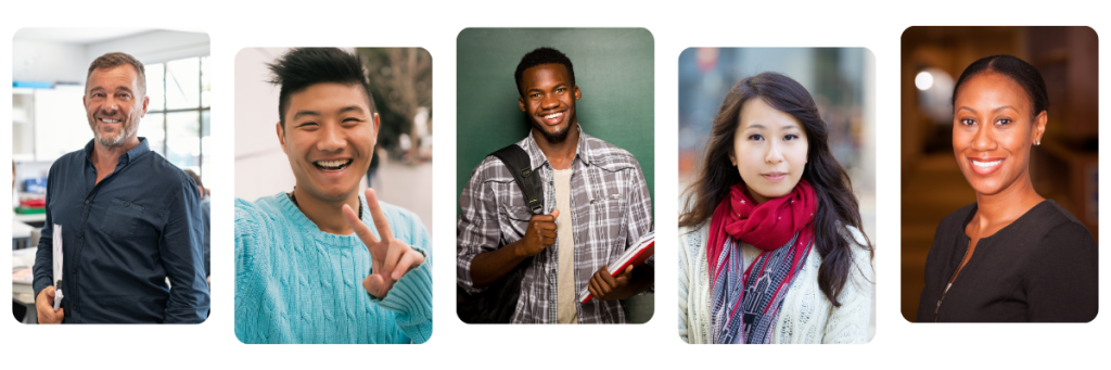 This image show five different faces to represent mentors and mentees in a professional setting.