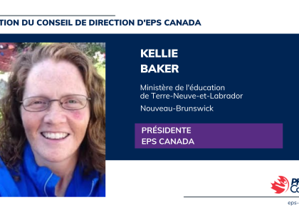 image of Kellie Baker, who says she works for the Newfoundland and Labrador Department of Education, lives in New Brunswick and is the new President of PHE Canada. / image de Kellie Baker qui présente qu'elle travaille au ministère de l'éducation de terre-neuve-et-labrador et qu'elle vit au Nouveau-Brunswick et qu'elle est la nouvelle présidente d'EPS Canada