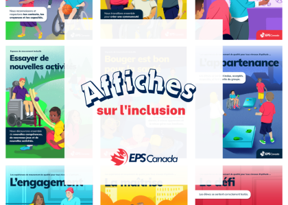 Une série d'affiches comportant, au centre, un bloc de texte blanc sur lequel figure la mention « Affiches sur l'inclusion » ainsi que le logo d'EPS Canada