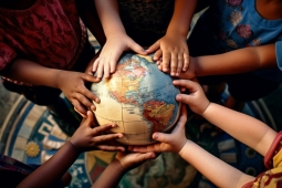 6 different children hands touching a globe
