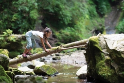 a young girl crawling on a log that is stabilizing on two large rocks. The log is overtop of a small stream in a forest. 