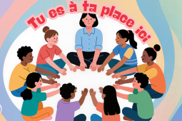Un groupe d'enfants est assis en cercle avec un enseignant et discute à cœur ouvert.