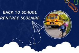 The design has a photo that shows students getting onto a school bus and the text "return to school" and "retour à l'école"