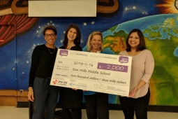 5 adults in a room holding a cheque for $2000 from Share2Care School Initiative