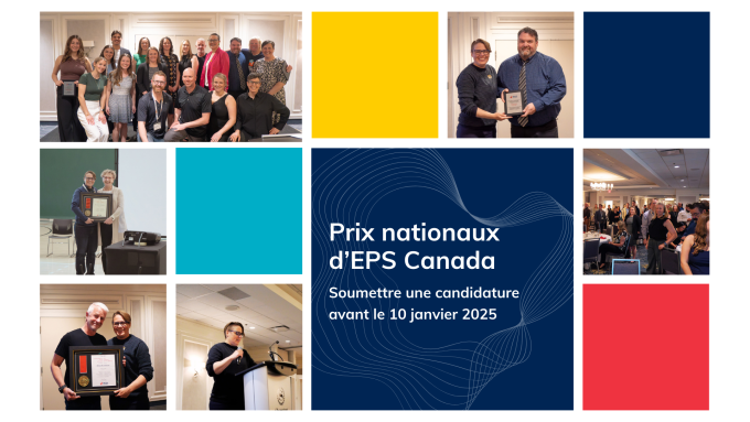 Image with 6 pictures in it showing past recipients of PHE Canada's awards. And a text bloc saying PHE Canada National Awards Submit a nomination before January 10, 2025 / Image avec 6 photos montrant les anciens lauréats des prix décernés par EPS Canada. Et un bloc de texte disant Prix nationaux d'EPS Canada Soumettre une candidature avant le 10 janvier 2025