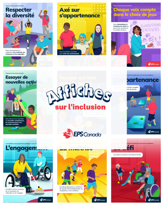 Une série d'affiches comportant, au centre, un bloc de texte blanc sur lequel figure la mention « Affiches sur l'inclusion » ainsi que le logo d'EPS Canada