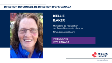 image of Kellie Baker, who says she works for the Newfoundland and Labrador Department of Education, lives in New Brunswick and is the new President of PHE Canada. / image de Kellie Baker qui présente qu'elle travaille au ministère de l'éducation de terre-neuve-et-labrador et qu'elle vit au Nouveau-Brunswick et qu'elle est la nouvelle présidente d'EPS Canada