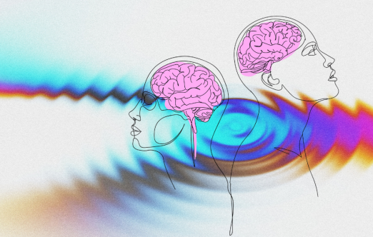 An abstract line drawing showing two profiles of heads with pink brains inside. The heads are facing in opposite directions, one left and one right. The background shows a colourful ripple effect. / Dessin abstrait représentant deux profils de têtes contenant des cerveaux roses. Les têtes sont tournées dans des directions opposées, l'une vers la gauche et l'autre vers la droite. L'arrière-plan présente un effet ondulé coloré.