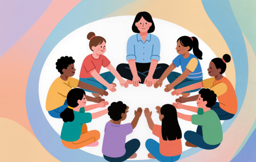 A group of children are sitting in a circle with a teacher and talking heart-to-heart. - Un groupe d'enfants est assis en cercle avec un enseignant et discute à cœur ouvert.